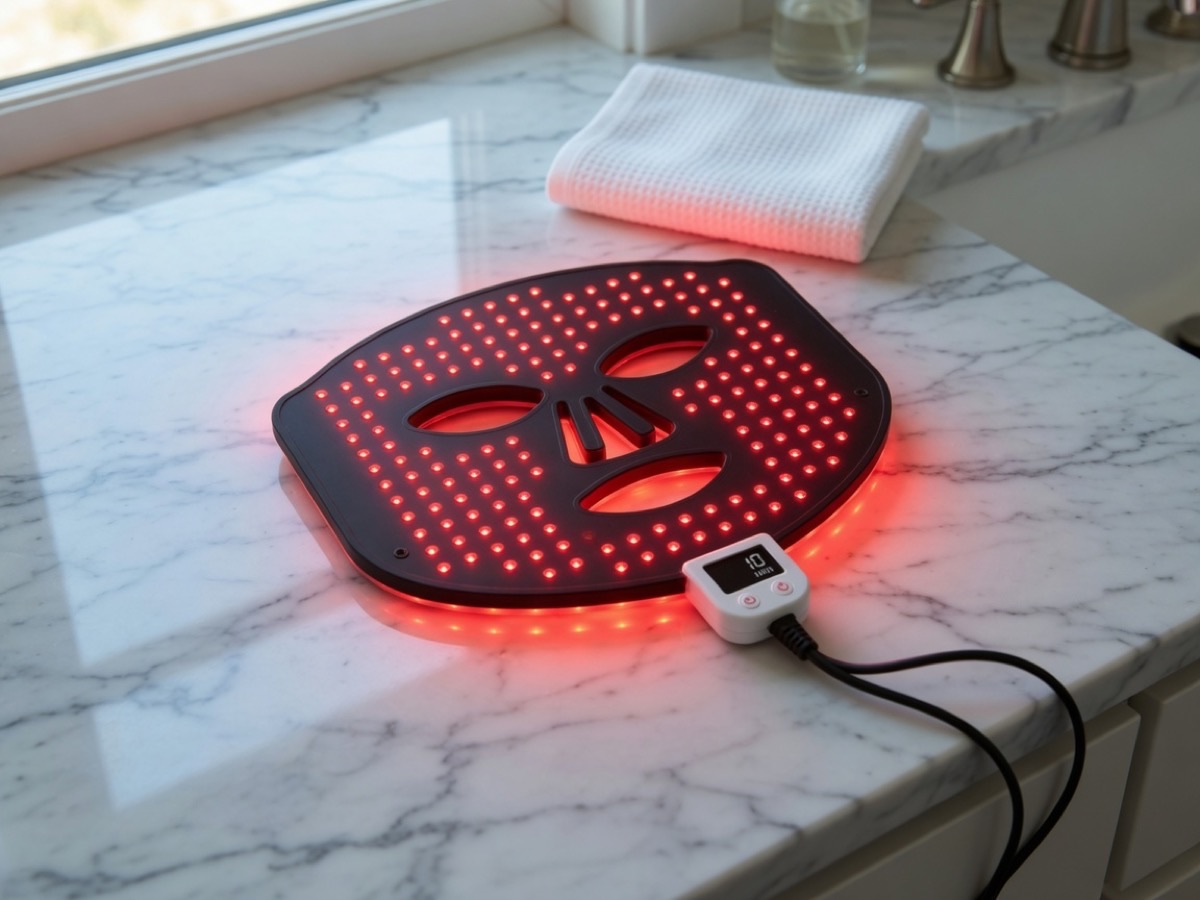 LED-Gesichtsmaske mit Rotlicht — redaktionelle Symbolaufnahme zur Lichttherapie